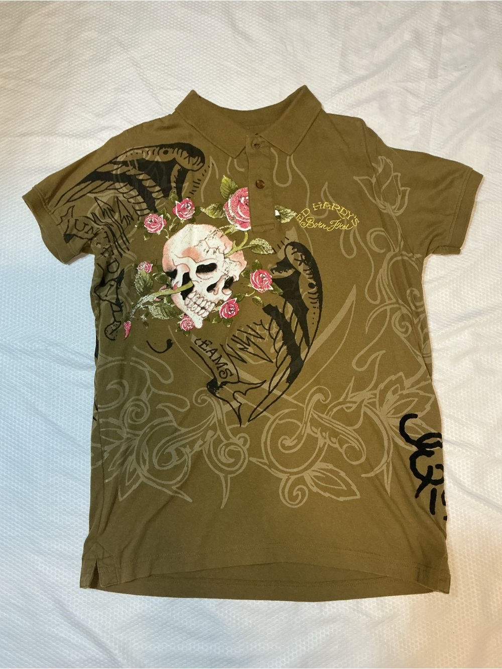 Ed Hardy Kids Olive Green Polo with Skull & Rose Graphic